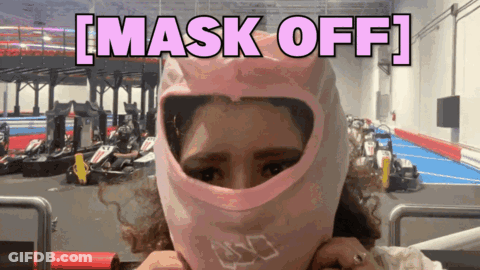 A Woman Wearing A Pink Helmet With The Words Mask Off On The Bottom GIF