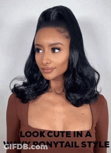 A Woman Wearing A Ponytail With The Words Look Cute In A Wavy Ponytail Style Below Her GIF