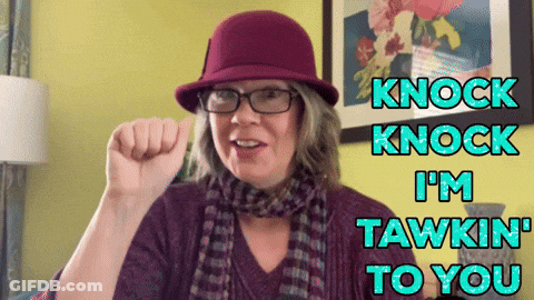A Woman Wearing A Purple Hat And Scarf Says " Knock Knock I 'M Tawkin To You " GIF