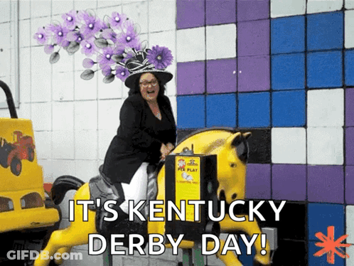 A Woman Wearing A Purple Hat Is Riding A Yellow Horse With The Words It 'S Kentucky Derby Day Below Her GIF