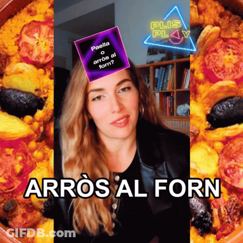 A Woman Wearing A Purple Hat With Paella Written On It GIF
