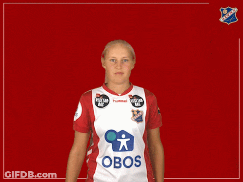 A Woman Wearing A Red And White Jersey That Says Obos On It GIF
