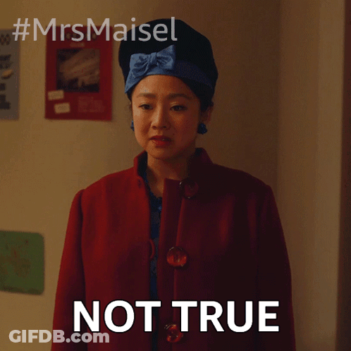 A Woman Wearing A Red Coat And A Blue Headband Says " Not True " GIF