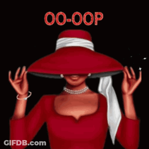 A Woman Wearing A Red Hat With The Word Delta Girl On It GIF