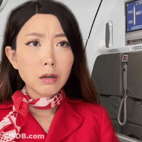 A Woman Wearing A Red Jacket And A Scarf Is Looking At The Camera GIF