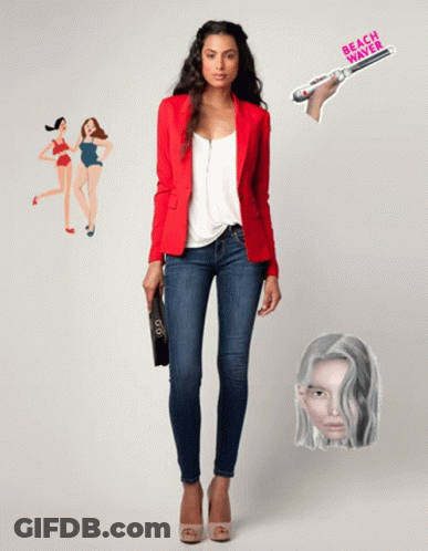 A Woman Wearing A Red Jacket And Jeans Is Surrounded By Stickers Including One That Reads Beach Waver GIF
