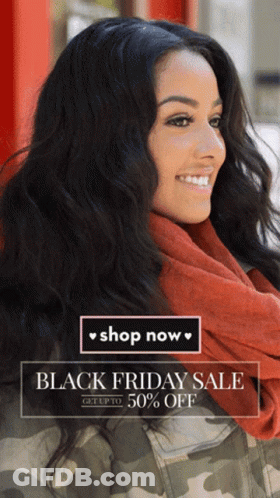 A Woman Wearing A Red Scarf And A Black Friday Sale Advertisement GIF