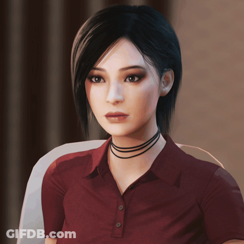 A Woman Wearing A Red Shirt And A Black Choker Looks At The Camera GIF
