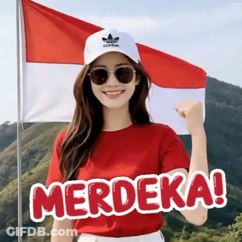 A Woman Wearing A Red Shirt And A White Hat Is Holding A Red White And Blue Flag And Says Merdeka ! GIF