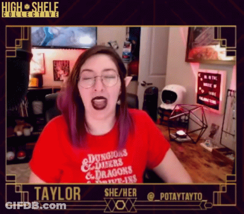 A Woman Wearing A Red Shirt That Says Dungeons And Dragons GIF