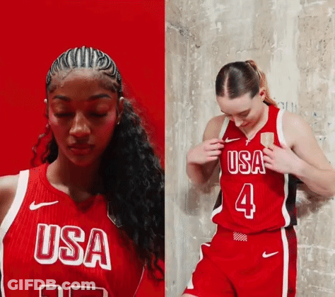 A Woman Wearing A Red Usa Basketball Jersey GIF