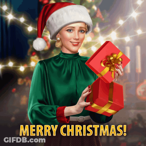 A Woman Wearing A Santa Hat Is Holding A Red Gift Box With The Words Merry Christmas Written Below Her GIF