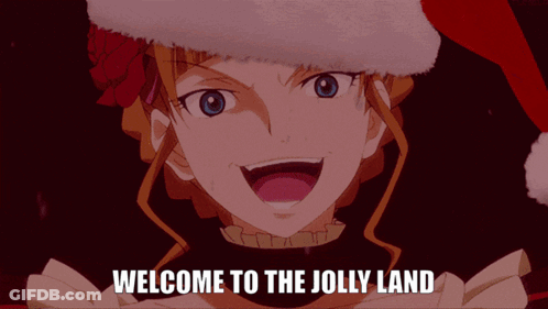 A Woman Wearing A Santa Hat With The Words Welcome To The Jolly Land GIF