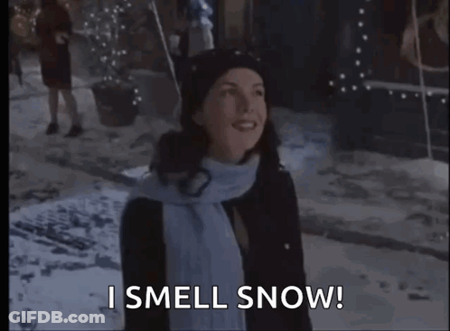 A Woman Wearing A Scarf And A Hat Is Standing In The Snow . GIF