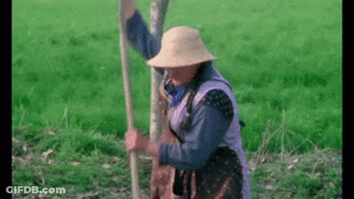 A Woman Wearing A Straw Hat And Apron Is Holding A Stick In A Field GIF