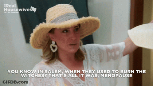 A Woman Wearing A Straw Hat Says " You Know In Salem , When They Used To Burn The Witches " GIF