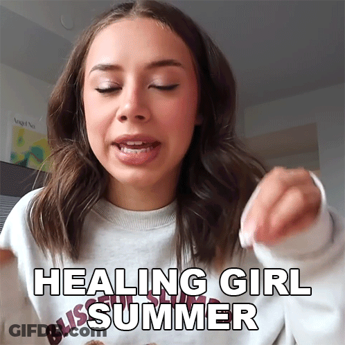 A Woman Wearing A Sweater That Says Bliss On It Says Healing Girl Summer GIF
