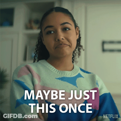 A Woman Wearing A Sweater With Sharks On It Says Maybe Just This Once GIF