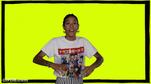 A Woman Wearing A T-Shirt That Says Dragon Ball Z On It GIF
