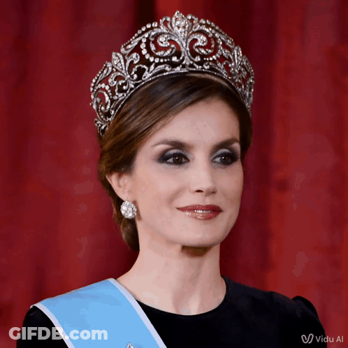 A Woman Wearing A Tiara And A Blue Sash With The Word Vida On The Bottom GIF