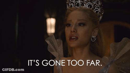 A Woman Wearing A Tiara And Earrings Says " It 'S Gone Too Far " GIF