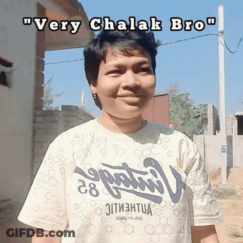 A Woman Wearing A Very Chalak Bro T-Shirt Smiles For The Camera GIF