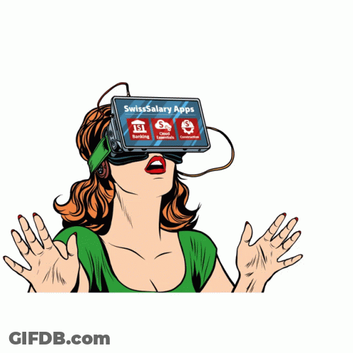 A Woman Wearing A Virtual Reality Headset With Swiss Salary Apps On It GIF