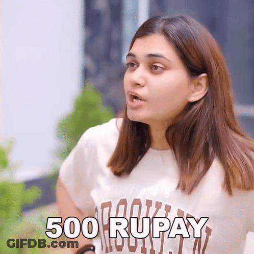 A Woman Wearing A White T-Shirt That Says 500 Rupay GIF