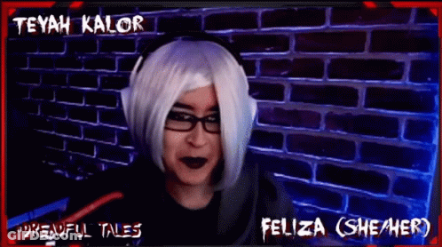 A Woman Wearing A Wig And Headphones Says " I Go " In Front Of A Brick Wall GIF