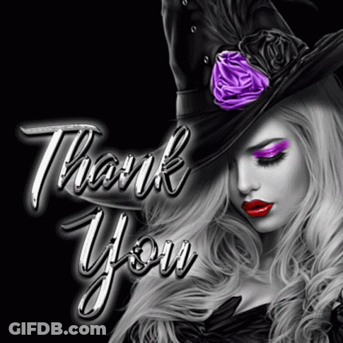A Woman Wearing A Witch Hat With Purple Eye Shadow And Red Lips Says Thank You GIF