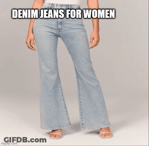 A Woman Wearing A Yellow Crop Top And Black Ripped Jeans With The Words Denim Jeans For Women Below Her GIF