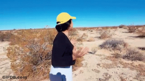 A Woman Wearing A Yellow Hat Is Standing In A Desert . GIF