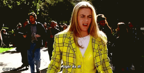 A Woman Wearing A Yellow Plaid Jacket Says " Ugh As If " GIF