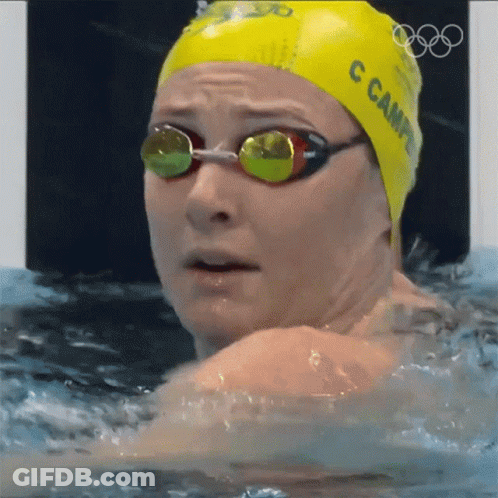 A Woman Wearing A Yellow Swim Cap That Says ' C Campbell ' On It GIF