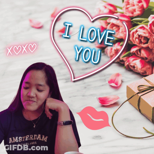 A Woman Wearing An Amsterdam Shirt Is Surrounded By Pink Flowers And A Heart That Says I Love You GIF