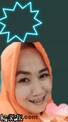A Woman Wearing An Orange Hijab Is Smiling With A Neon Star Above Her Head And The Words By Rwk Below Her GIF