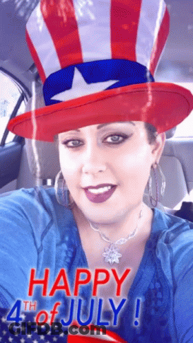 A Woman Wearing An Uncle Sam Hat With The Words Happy 4Th Of July Written Below Her GIF