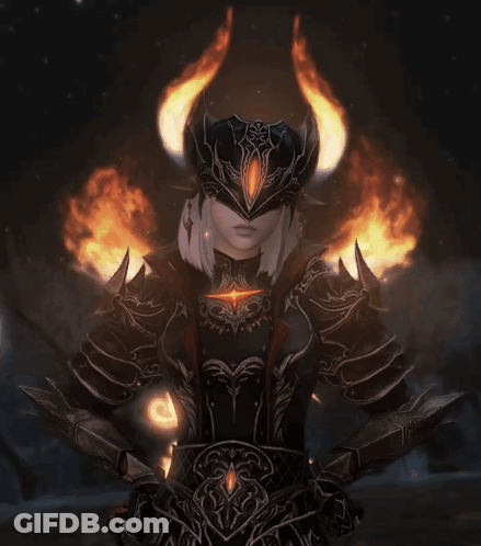 A Woman Wearing Armor And A Helmet With Fire Coming Out Of It GIF