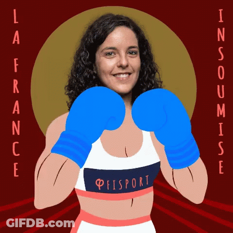 A Woman Wearing Blue Boxing Gloves Has The Word Peisport On Her Shirt GIF