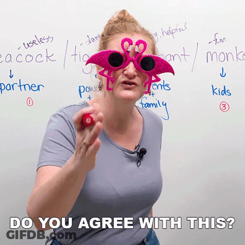 A Woman Wearing Flamingo Glasses Says " Do You Agree With This " In Front Of A Whiteboard GIF
