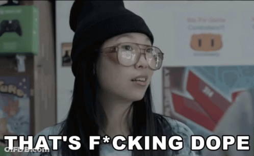 A Woman Wearing Glasses And A Beanie Says " That 'S F * Cking Dope " GIF