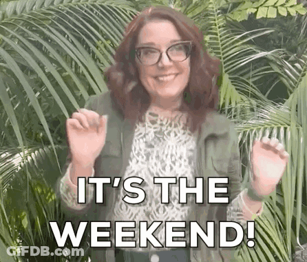 A Woman Wearing Glasses And A Green Jacket Is Standing In Front Of Palm Trees And Says `` It 'S The Weekend '' . GIF