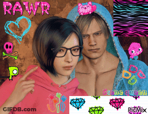 A Woman Wearing Glasses And A Man Wearing A Hoodie With The Word Rawr On It GIF