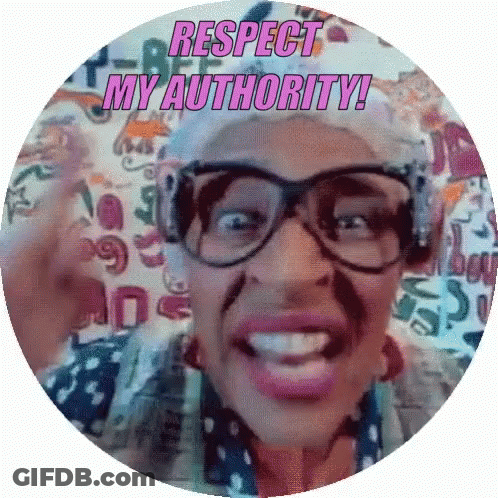 A Woman Wearing Glasses And A Moustache Says " Respect My Authority " GIF