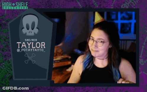 A Woman Wearing Glasses And A Party Hat With The Name Taylor On It GIF
