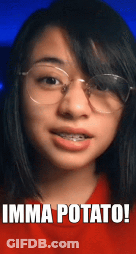 A Woman Wearing Glasses And A Red Shirt Has The Words Imma Potato Written On Her Face GIF