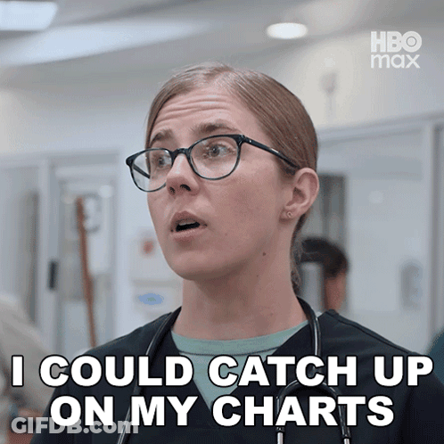 A Woman Wearing Glasses And A Stethoscope Says I Could Catch Up On My Charts GIF