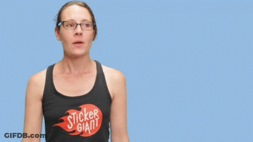 A Woman Wearing Glasses And A Tank Top That Says Stick Giggle Actually GIF