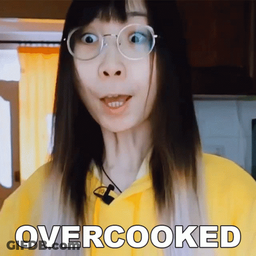 A Woman Wearing Glasses And A Yellow Hoodie Has The Word Overcooked Above Her Head GIF