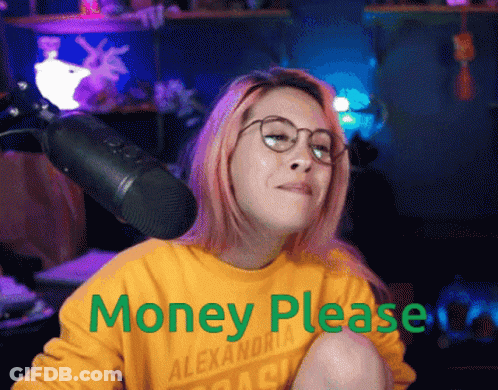 A Woman Wearing Glasses And A Yellow Shirt That Says Money Please On It GIF